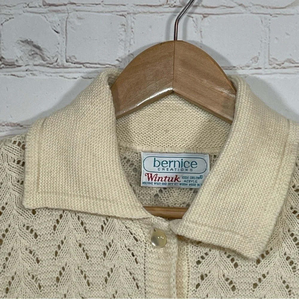Vintage Bernice Creations Cardigan Sweater Womens Size Medium Ivory Pockets